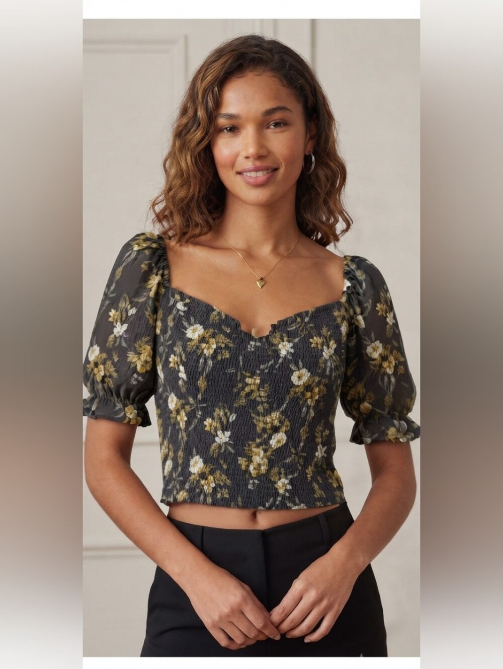 Abercrombie & Fitch Smocked Crop Top Blouse Grey Yellow Floral Size S